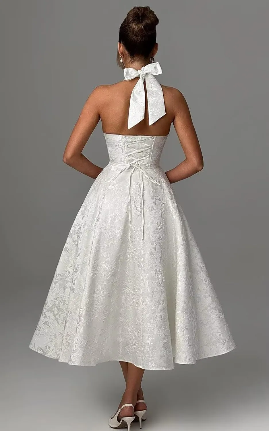 Halter Tea Length Prom Dresses Satin Jacquard Deep V-Neck A Line Midi Formal Evening Cocktail Gowns