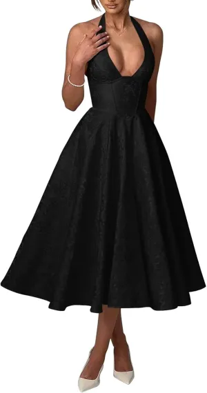 Halter Tea Length Prom Dresses Satin Jacquard Deep V-Neck A Line Midi Formal Evening Cocktail Gowns