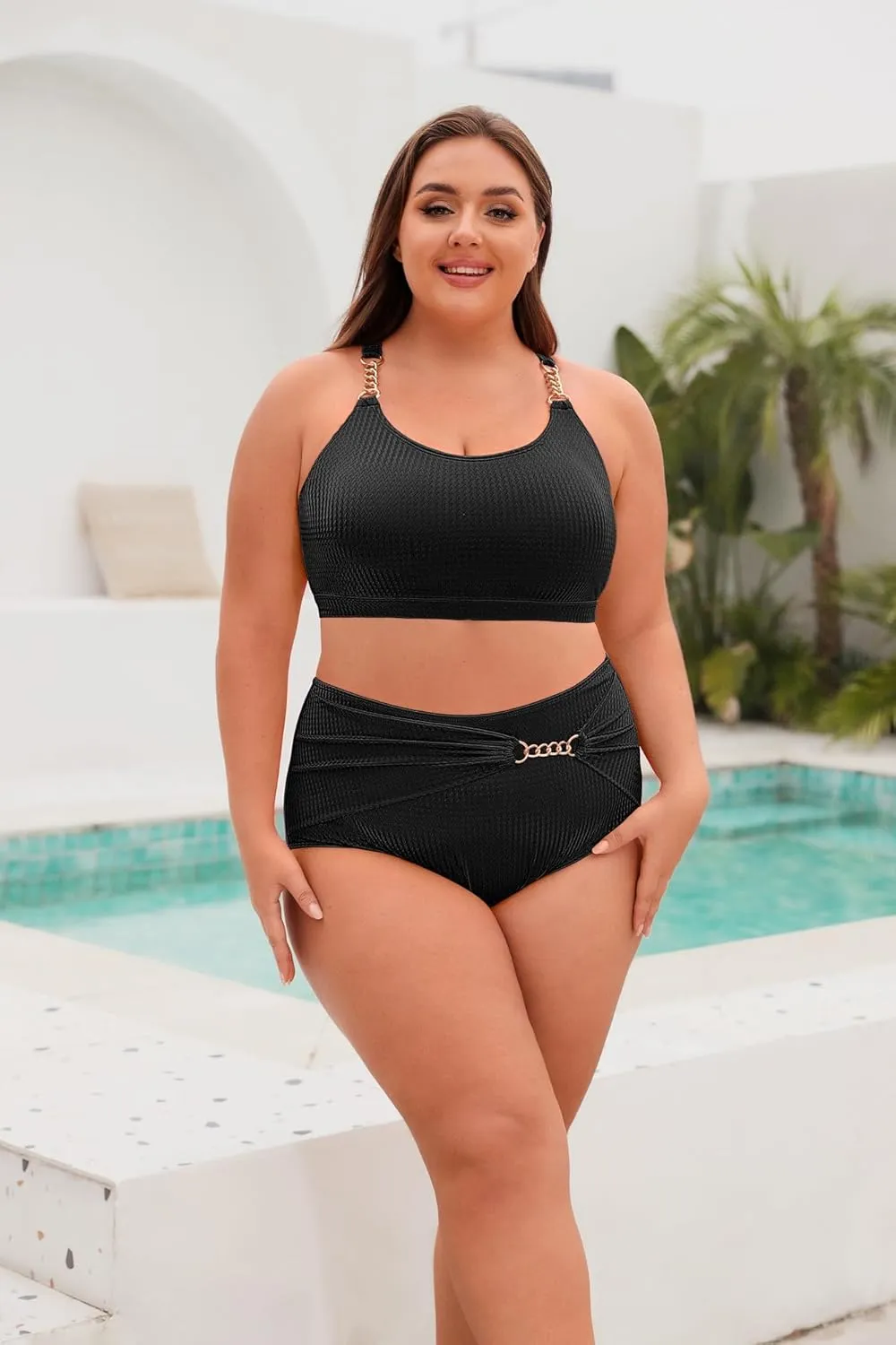 Hanna Nikole Women Plus Size Bikini Sets High Waist Tummy Control Ribbed Texture Swimsuit