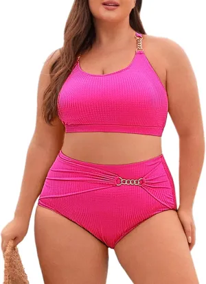 Hanna Nikole Women Plus Size Bikini Sets High Waist Tummy Control Ribbed Texture Swimsuit