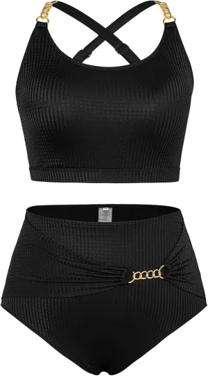 Hanna Nikole Women Plus Size Bikini Sets High Waist Tummy Control Ribbed Texture Swimsuit