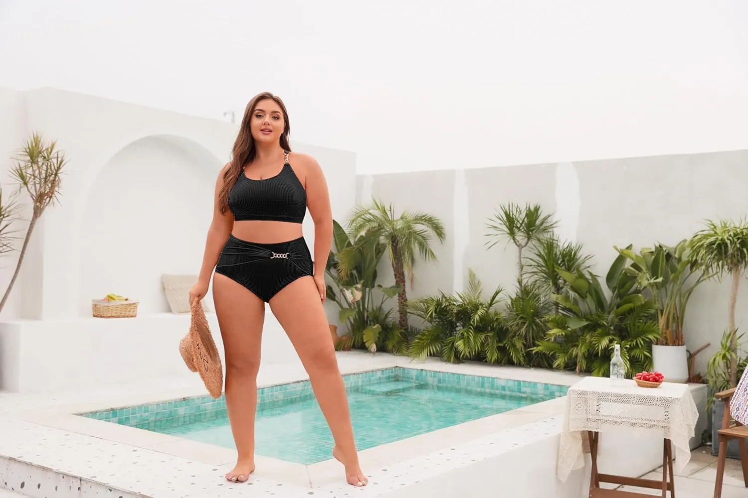 Hanna Nikole Women Plus Size Bikini Sets High Waist Tummy Control Ribbed Texture Swimsuit