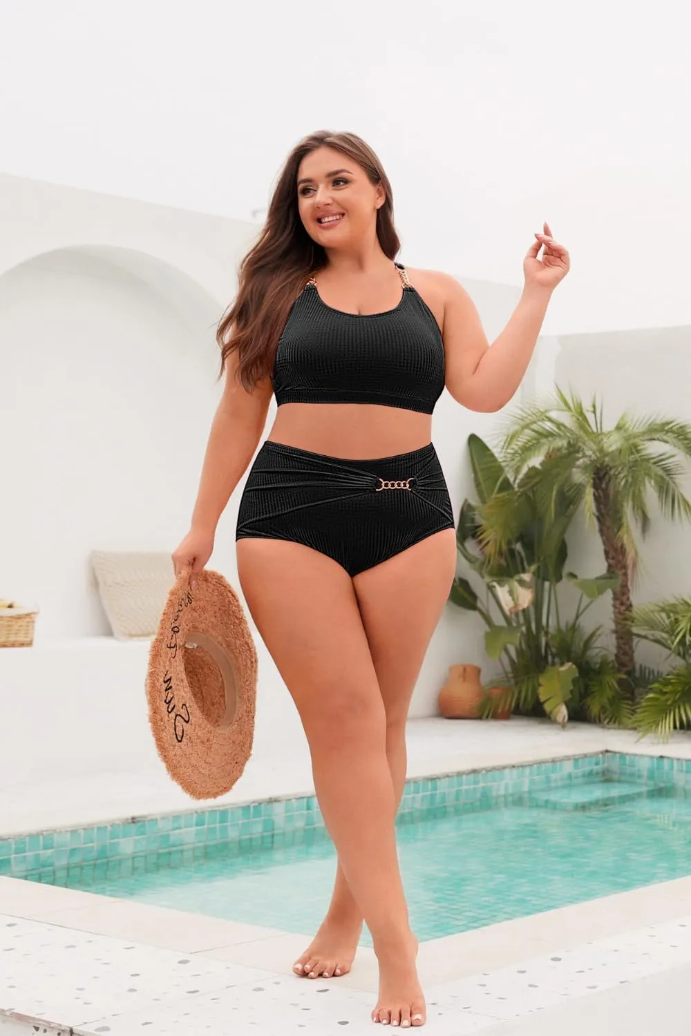 Hanna Nikole Women Plus Size Bikini Sets High Waist Tummy Control Ribbed Texture Swimsuit
