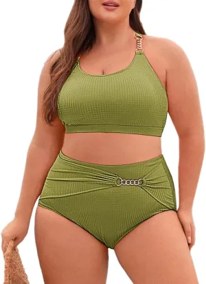 Hanna Nikole Women Plus Size Bikini Sets High Waist Tummy Control Ribbed Texture Swimsuit