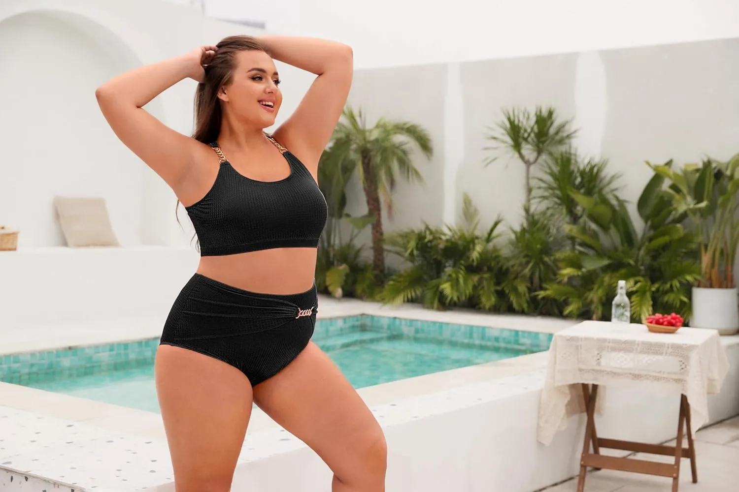 Hanna Nikole Women Plus Size Bikini Sets High Waist Tummy Control Ribbed Texture Swimsuit