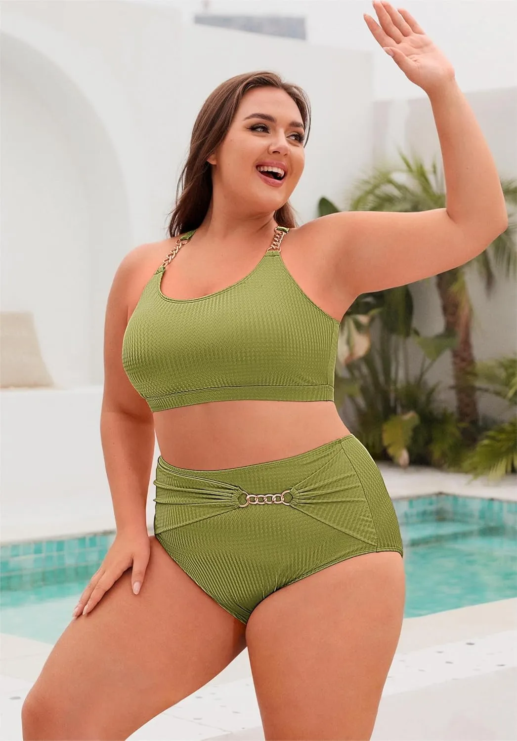 Hanna Nikole Women Plus Size Bikini Sets High Waist Tummy Control Ribbed Texture Swimsuit