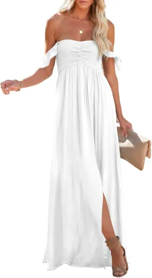 Happy Sailed Women's 2025 Summer Smocked Off The Shoulder Maxi Dresses Ruffle Short Sleeve A Line Side Slit Sundress