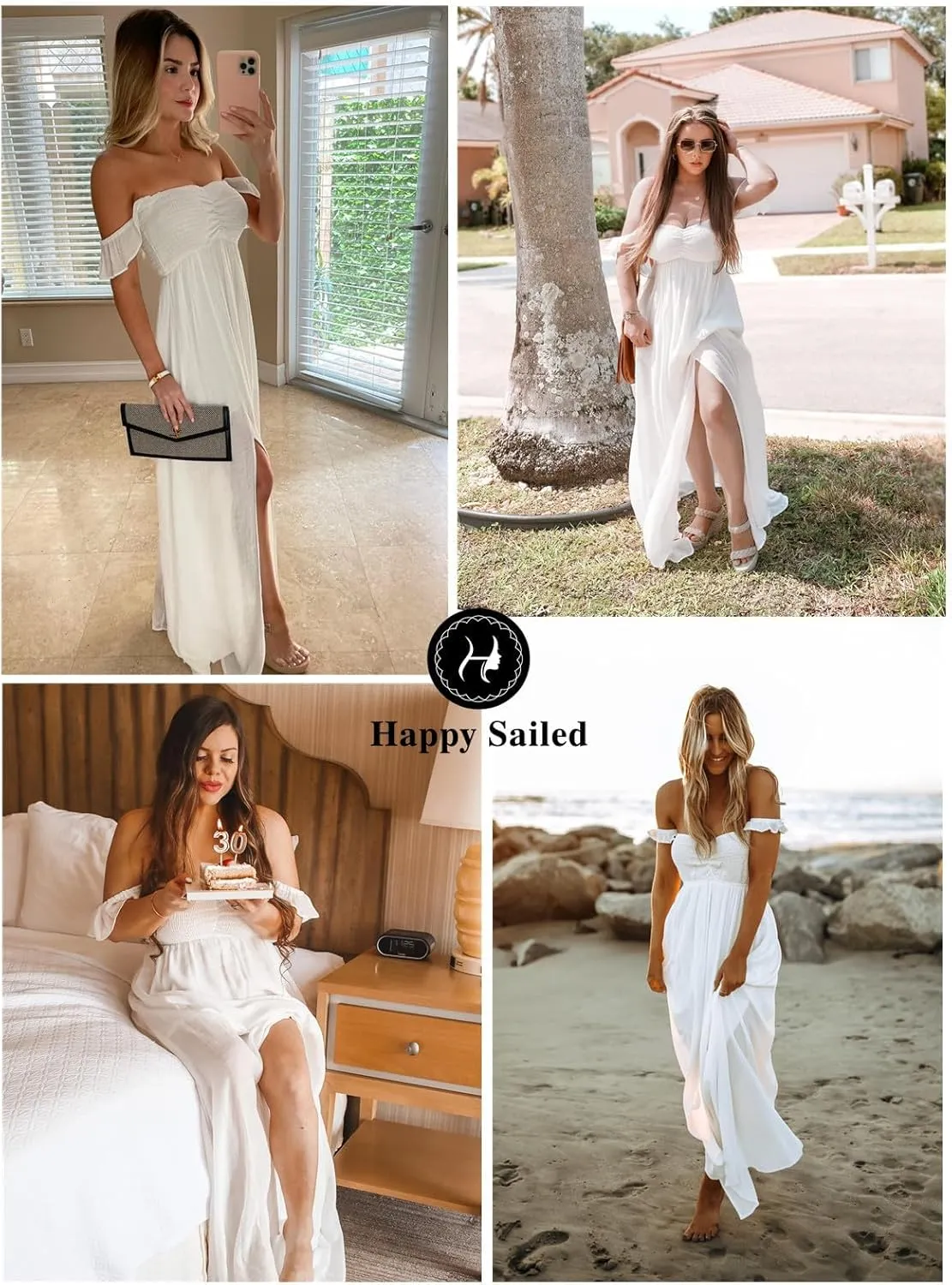 Happy Sailed Women's 2025 Summer Smocked Off The Shoulder Maxi Dresses Ruffle Short Sleeve A Line Side Slit Sundress