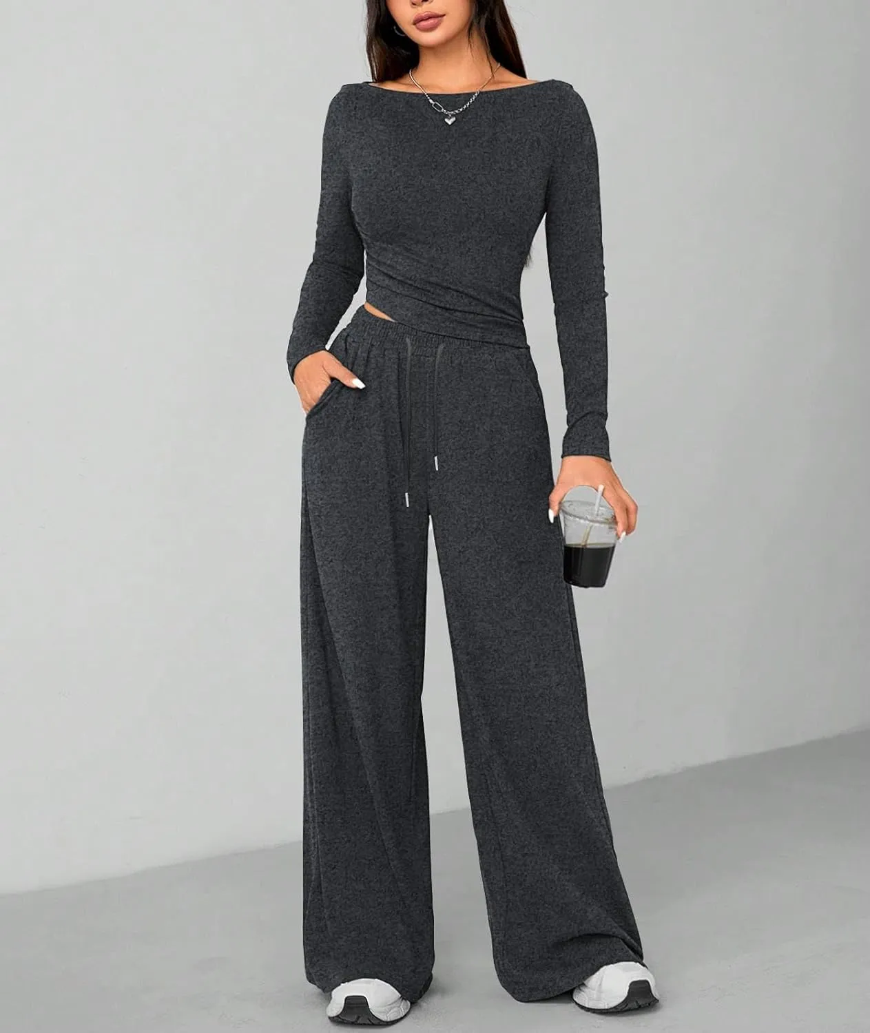 HBQ Women's 2 Piece Lounge Sets Asymmetrical Long Sleeve T Shirt Wide Leg Pants Casual Outfits Tracksuit