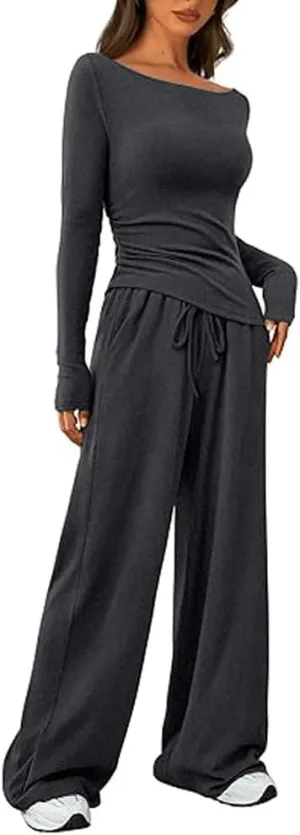 HBQ Women's 2 Piece Lounge Sets Asymmetrical Long Sleeve T Shirt Wide Leg Pants Casual Outfits Tracksuit