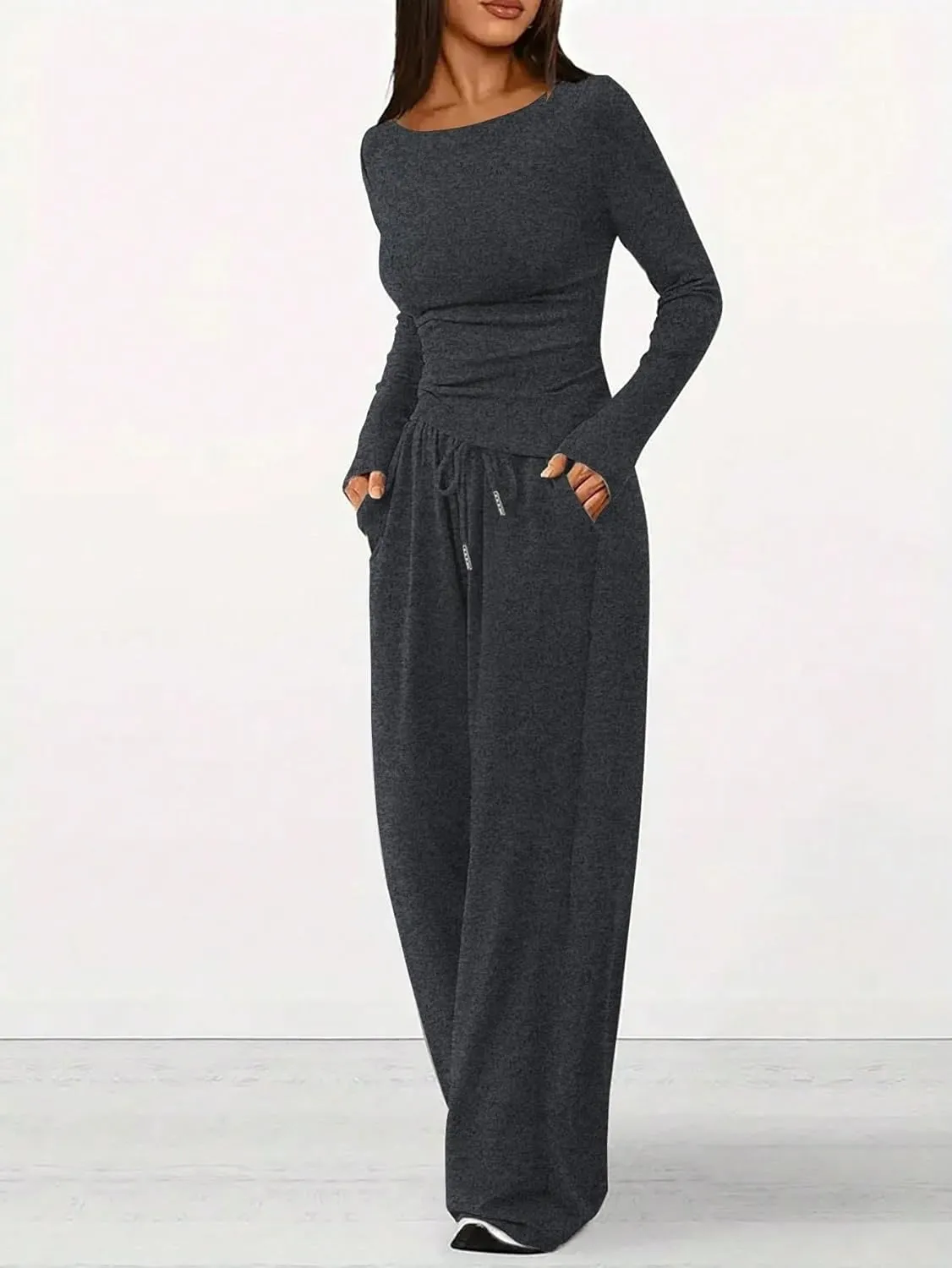HBQ Women's 2 Piece Lounge Sets Asymmetrical Long Sleeve T Shirt Wide Leg Pants Casual Outfits Tracksuit