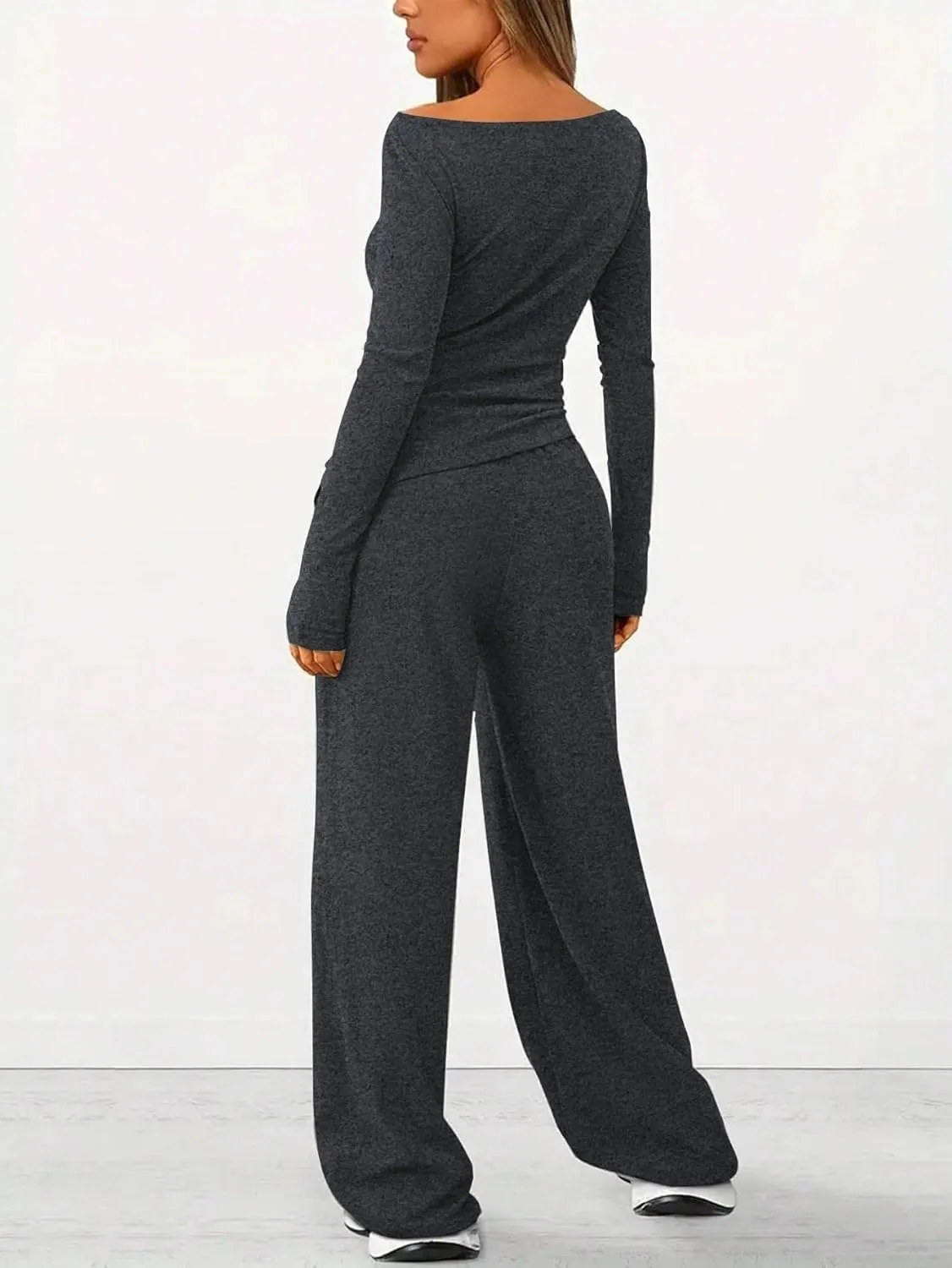 HBQ Women's 2 Piece Lounge Sets Asymmetrical Long Sleeve T Shirt Wide Leg Pants Casual Outfits Tracksuit