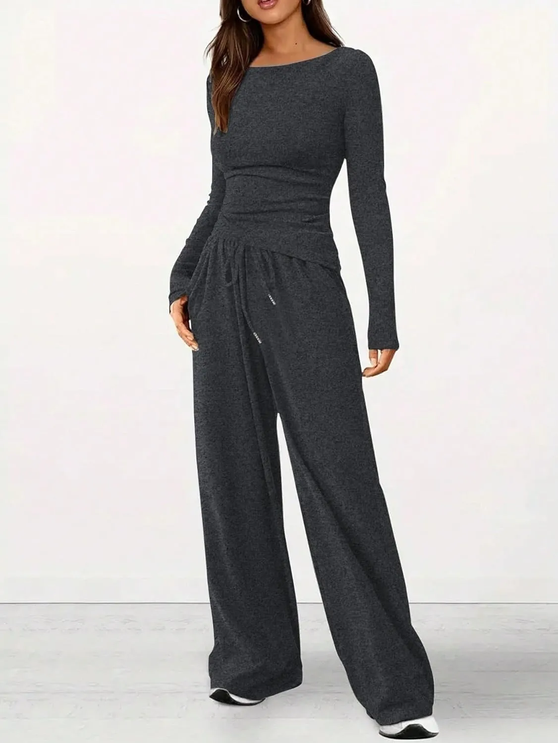 HBQ Women's 2 Piece Lounge Sets Asymmetrical Long Sleeve T Shirt Wide Leg Pants Casual Outfits Tracksuit