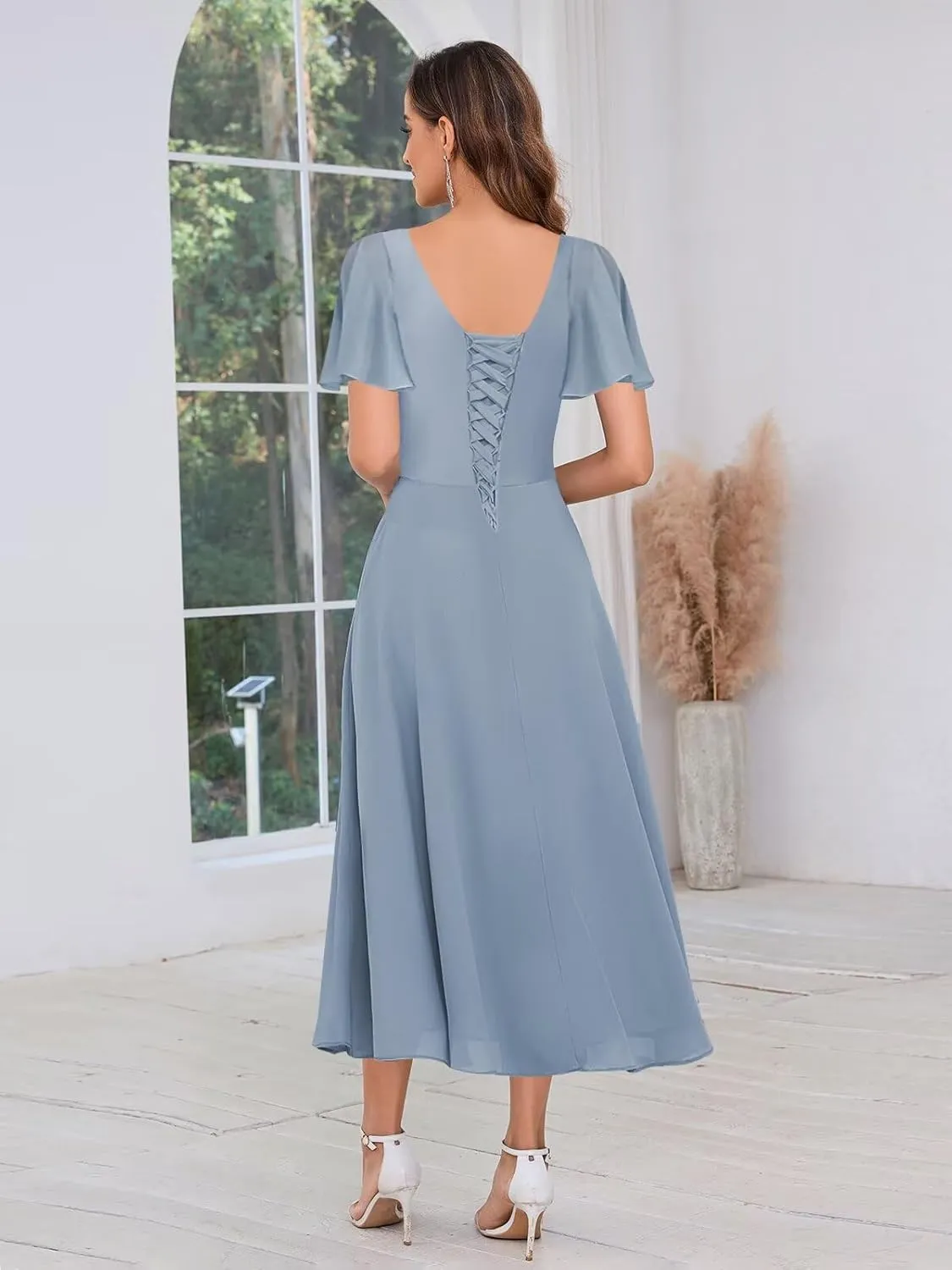 HHSIyz Mother of The Bride Dresses for Women Chiffon Ruffle Sleeve A Line Ankle V Neck Formal Evening Party Gown