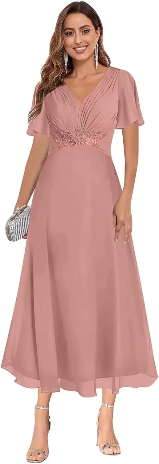 HHSIyz Mother of The Bride Dresses for Women Chiffon Ruffle Sleeve A Line Ankle V Neck Formal Evening Party Gown