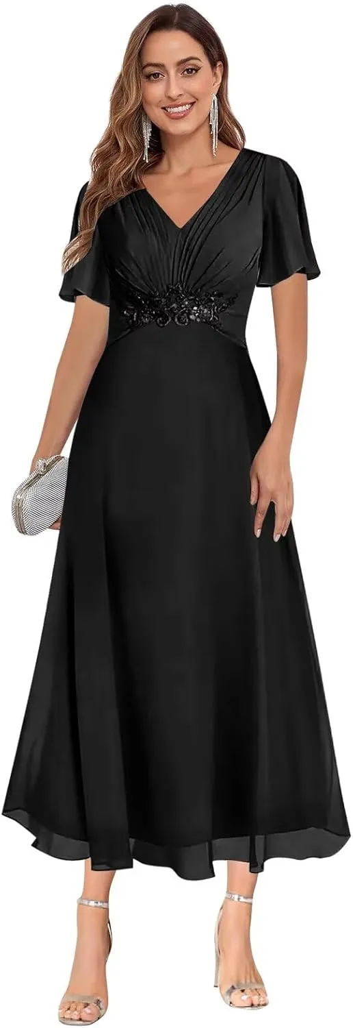 HHSIyz Mother of The Bride Dresses for Women Chiffon Ruffle Sleeve A Line Ankle V Neck Formal Evening Party Gown