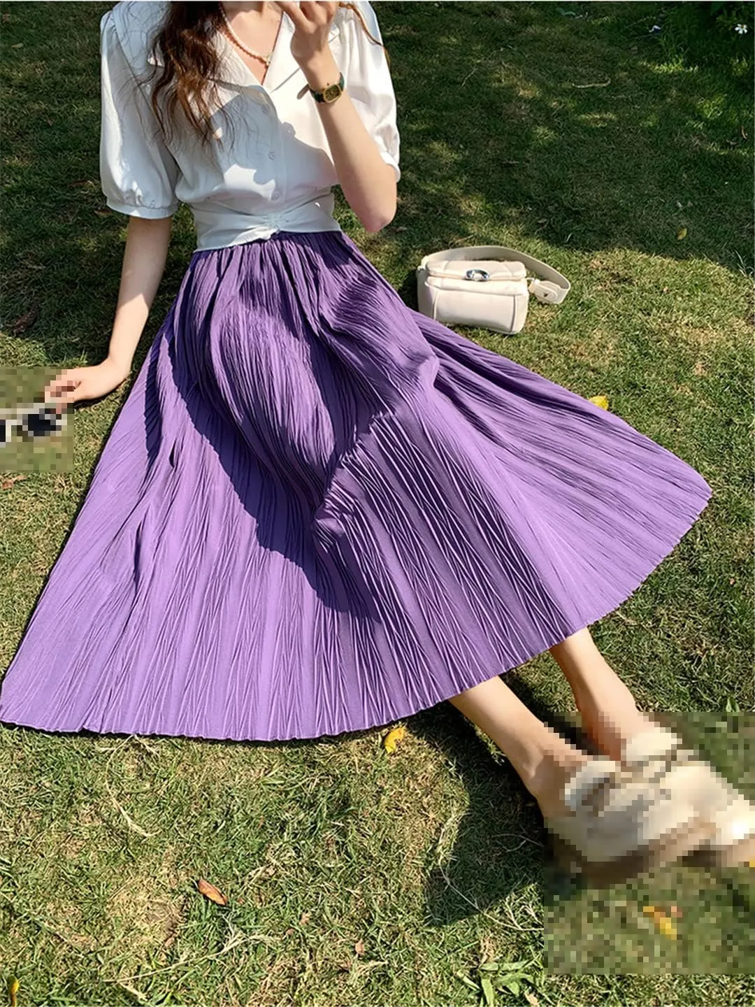 High Waist Pleated Skirts Women Spring Summer Solid Folds A Line Midi Long Skirt