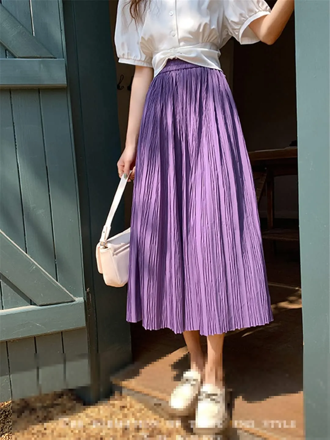 High Waist Pleated Skirts Women Spring Summer Solid Folds A Line Midi Long Skirt