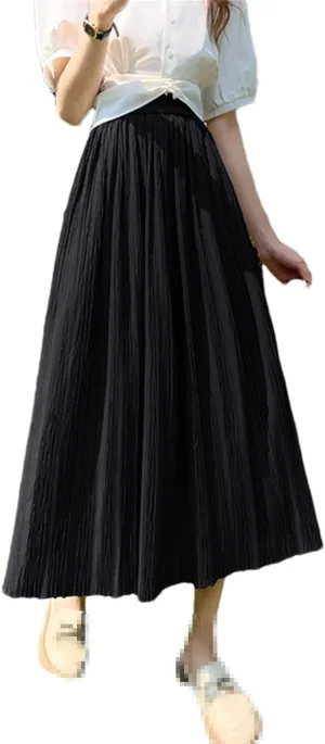 High Waist Pleated Skirts Women Spring Summer Solid Folds A Line Midi Long Skirt