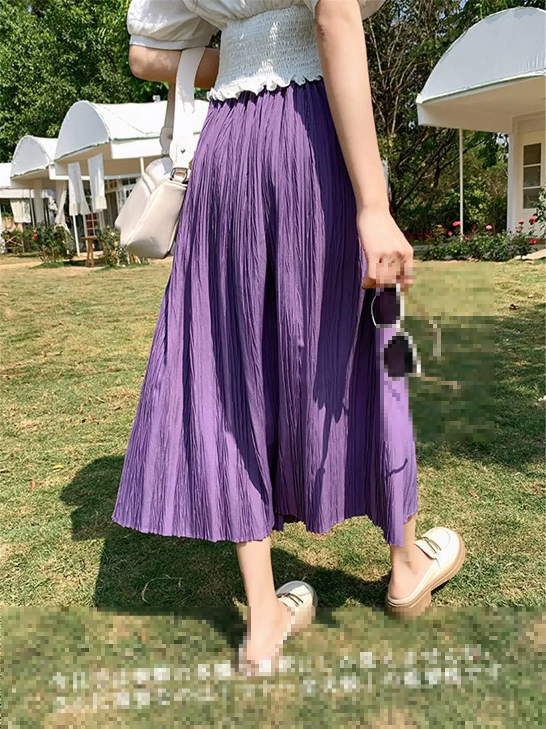 High Waist Pleated Skirts Women Spring Summer Solid Folds A Line Midi Long Skirt