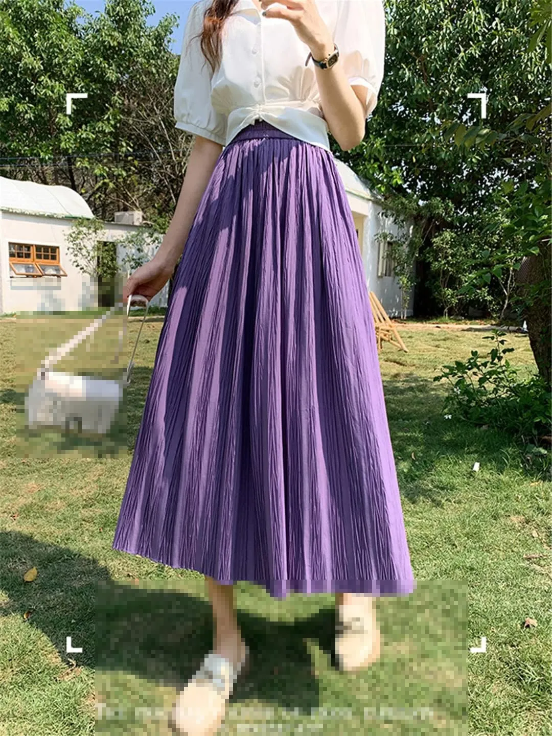 High Waist Pleated Skirts Women Spring Summer Solid Folds A Line Midi Long Skirt