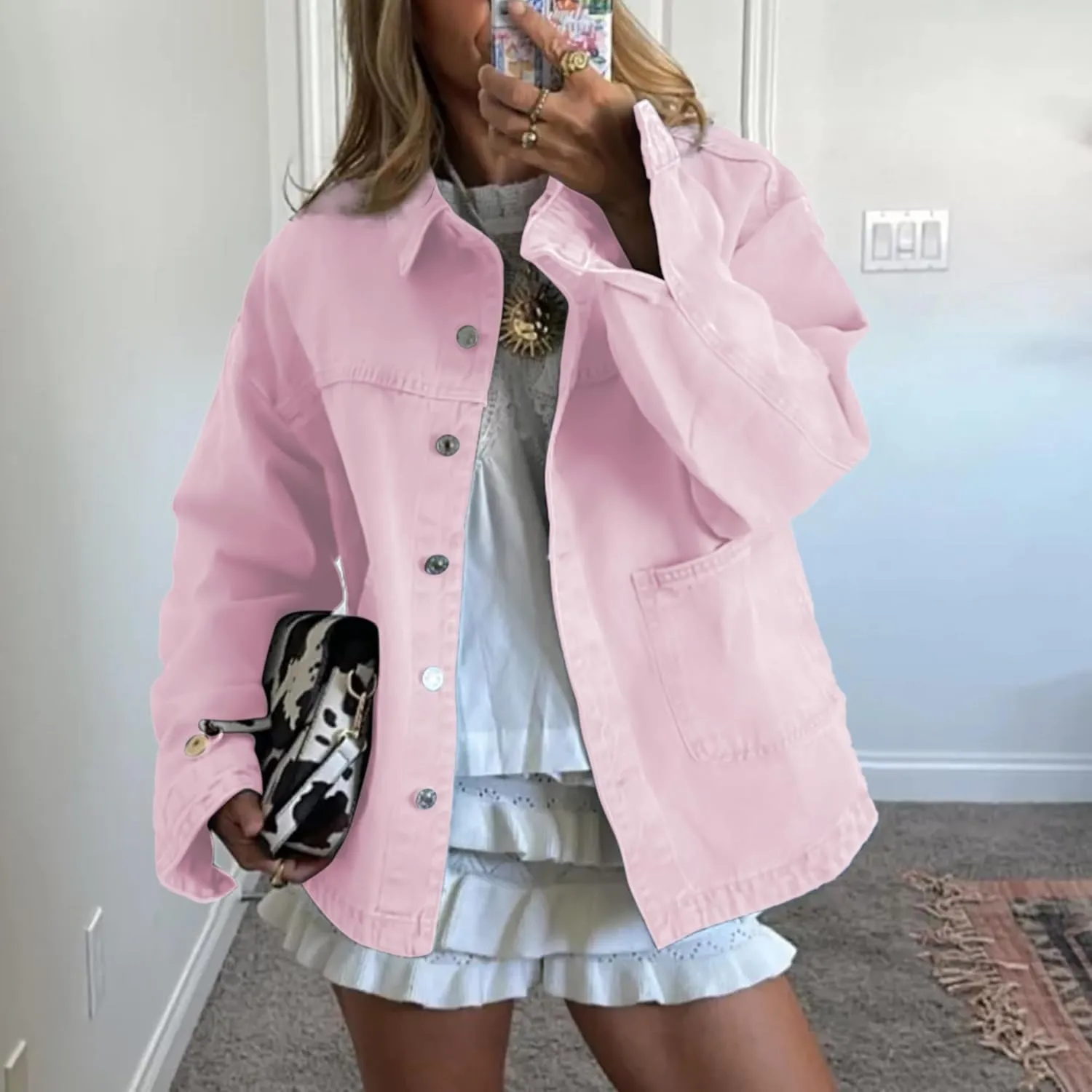 Hixiaohe Jean Jackets for Women Trendy Button Up Denim Shirt Jacket Oversized Long Sleeve Coat Fashion Clothes with Pockets