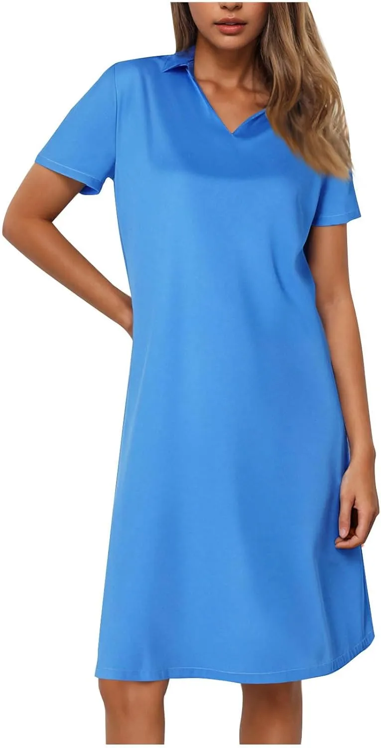 hlysgo Womens Summer Dresses 2025 Trendy Knee Length Vacation Beach Dress Casual Loose Fit Short Sleeve V Neck Mini Dresses