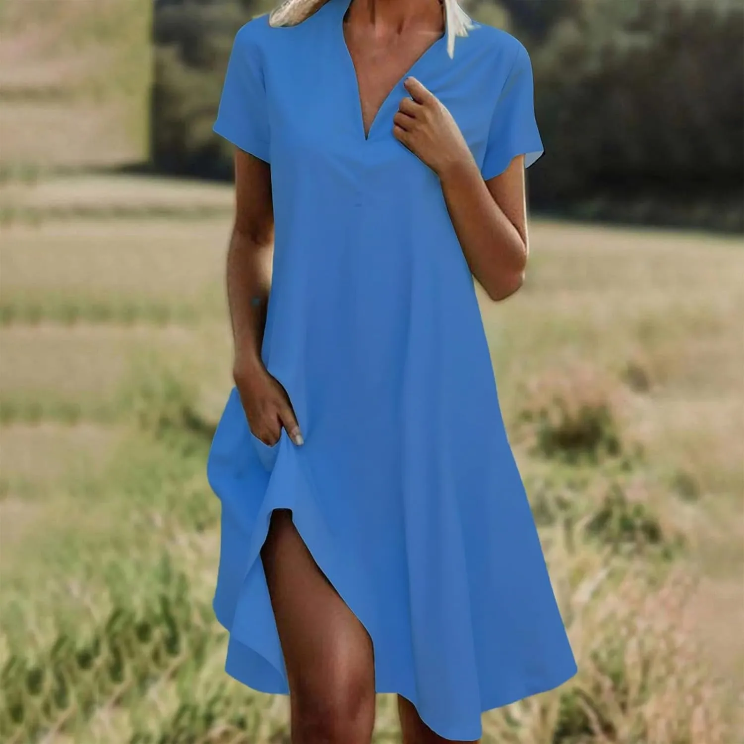 hlysgo Womens Summer Dresses 2025 Trendy Knee Length Vacation Beach Dress Casual Loose Fit Short Sleeve V Neck Mini Dresses