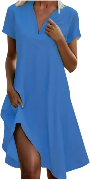 hlysgo Womens Summer Dresses 2025 Trendy Knee Length Vacation Beach Dress Casual Loose Fit Short Sleeve V Neck Mini Dresses