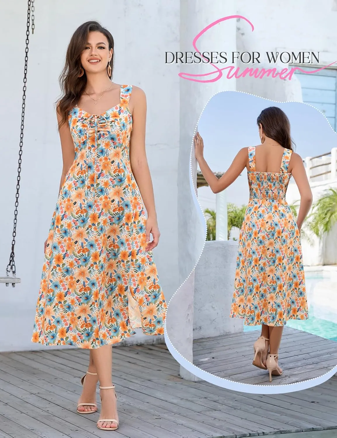 HomRain Sun Dresses for Women 2025 Vacation Summer Wedding Floral Boho Maxi Dress Spaghetti Strap A Line Casual Beach