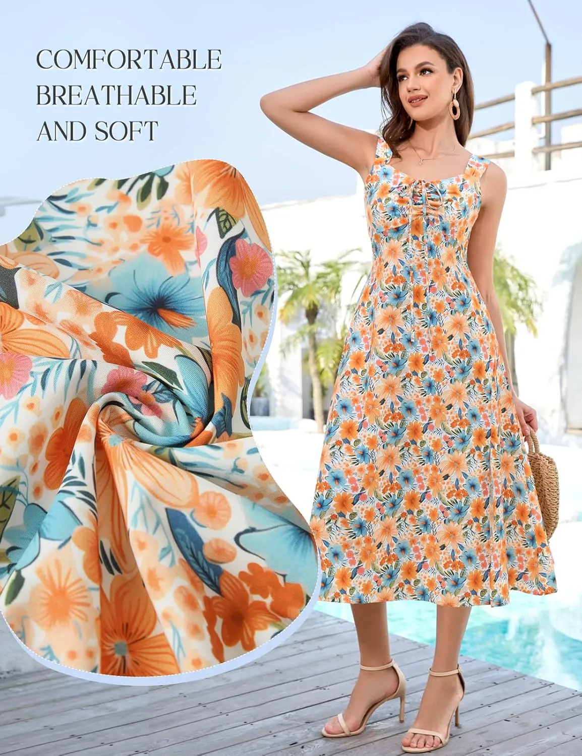 HomRain Sun Dresses for Women 2025 Vacation Summer Wedding Floral Boho Maxi Dress Spaghetti Strap A Line Casual Beach