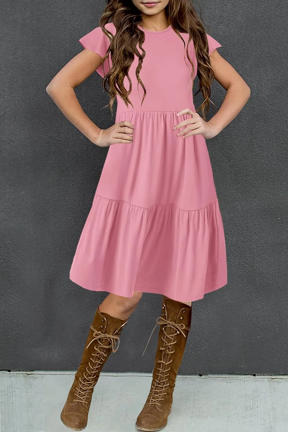 HOSIKA Girls Summer Ruffle Short Sleeve Crew Neck Loose Casual Flowy Tiered Short Dress with Pockets for 6-12 Y