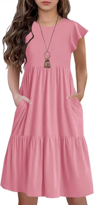 HOSIKA Girls Summer Ruffle Short Sleeve Crew Neck Loose Casual Flowy Tiered Short Dress with Pockets for 6-12 Y