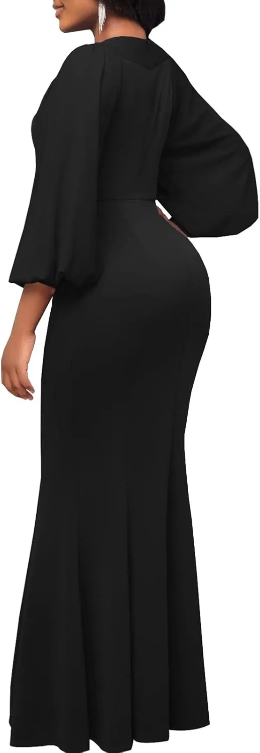 HugeNice Colorful Maxi Dresses for Women Sexy Long Sleeve Deep V Neck Bodycon Floor Length Dress