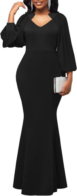 HugeNice Colorful Maxi Dresses for Women Sexy Long Sleeve Deep V Neck Bodycon Floor Length Dress