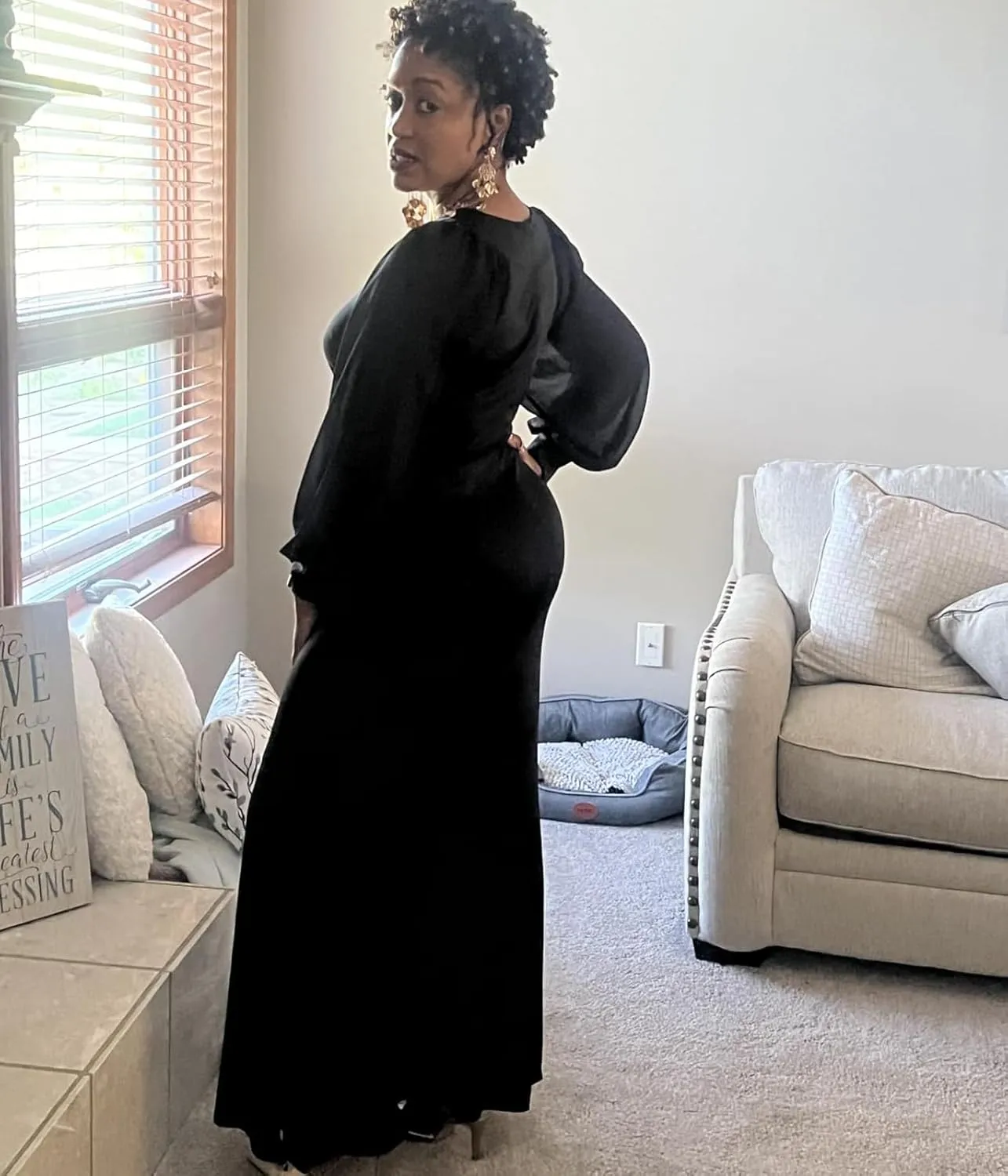 HugeNice Colorful Maxi Dresses for Women Sexy Long Sleeve Deep V Neck Bodycon Floor Length Dress