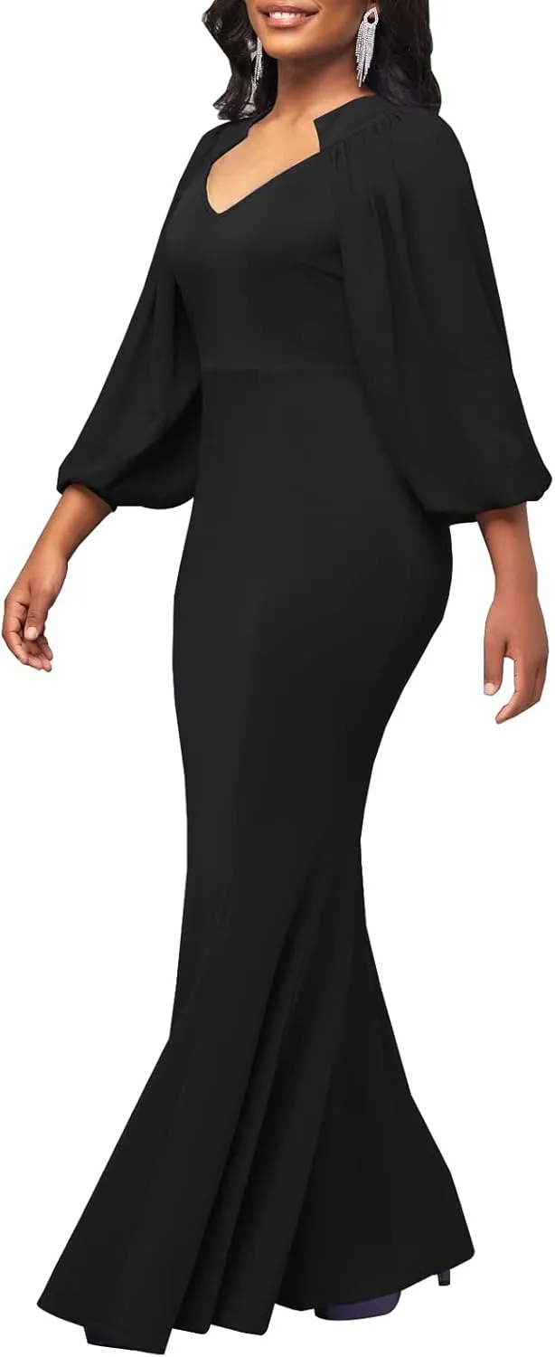 HugeNice Colorful Maxi Dresses for Women Sexy Long Sleeve Deep V Neck Bodycon Floor Length Dress