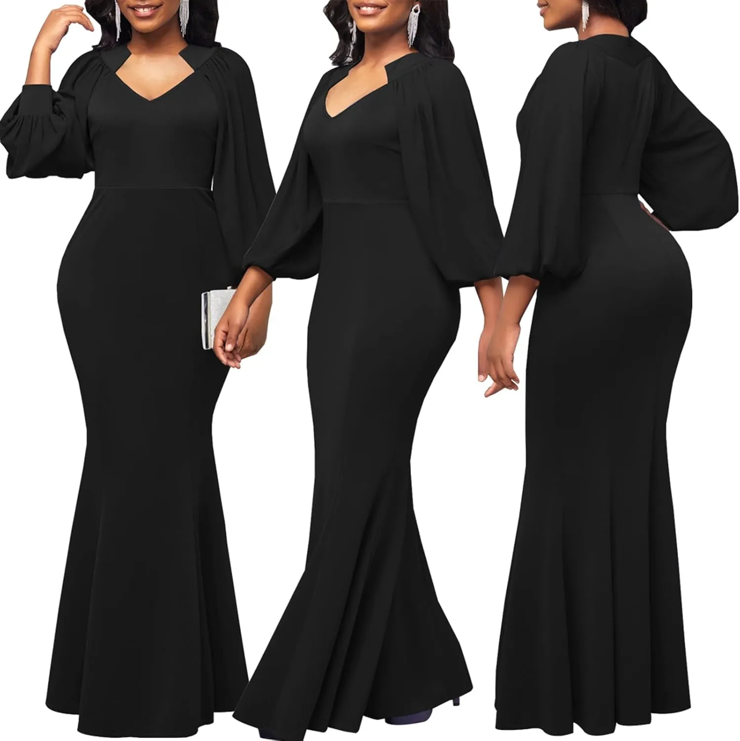 HugeNice Colorful Maxi Dresses for Women Sexy Long Sleeve Deep V Neck Bodycon Floor Length Dress
