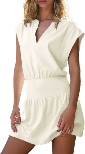 InterNos Womens Summer Mini Dress Lightweight V Neck Cap Sleeves A-Line Casual Athletic Dress