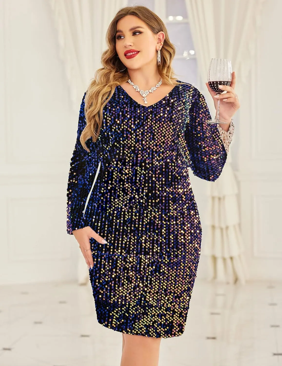 IN'VOLAND Womens Sequin Dress Plus Size V Neck Party Cocktail Dresses