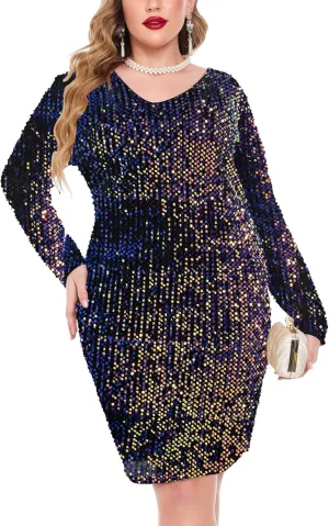 IN'VOLAND Womens Sequin Dress Plus Size V Neck Party Cocktail Dresses