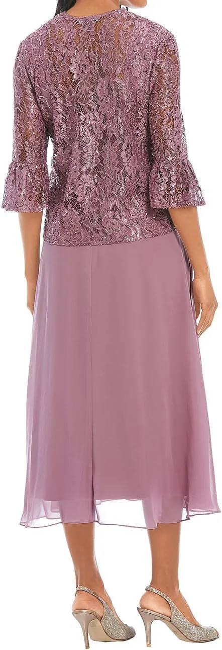 ISABUFEI Mother of The Bride Dresses, Chiffon Lace Wedding Guest Dress for Women Formal Evening Dresses with Jacket
