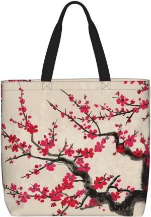 Japanese Floral Cherry Blossom Tote Bag for Women Hobo Handbags with Zipper Large Shoulder Bag Shopping Bags Travel Purse