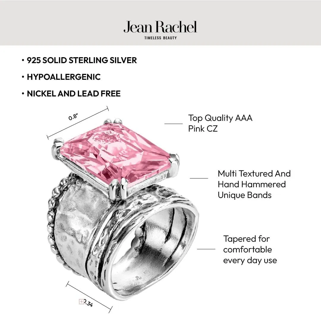 JEAN RACHEL JEWELRY 925 Sterling Silver Ring - Hammered Vintage Design with Octagon Shaped Cubic Zirconia - Hypoallergenic, Lead & Nickel Free - Artisan Handcrafted Statement Rings for Women