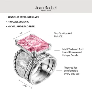 JEAN RACHEL JEWELRY 925 Sterling Silver Ring - Hammered Vintage Design with Octagon Shaped Cubic Zirconia - Hypoallergenic, Lead & Nickel Free - Artisan Handcrafted Statement Rings for Women