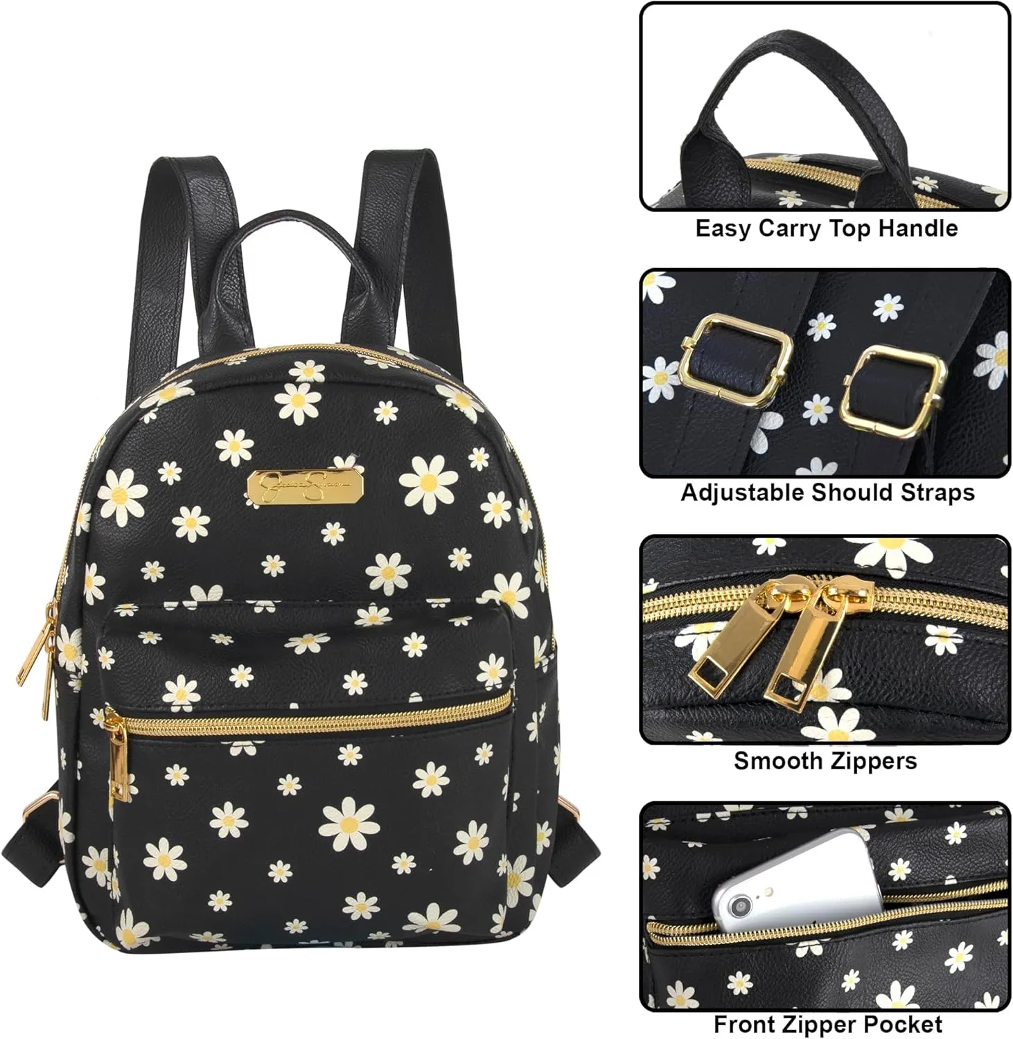 Jessica Simpson Mini Waterproof Vegan Leather Backpack for Women for Work, College, Recreation, Commuting & Traveling in Black Flowers