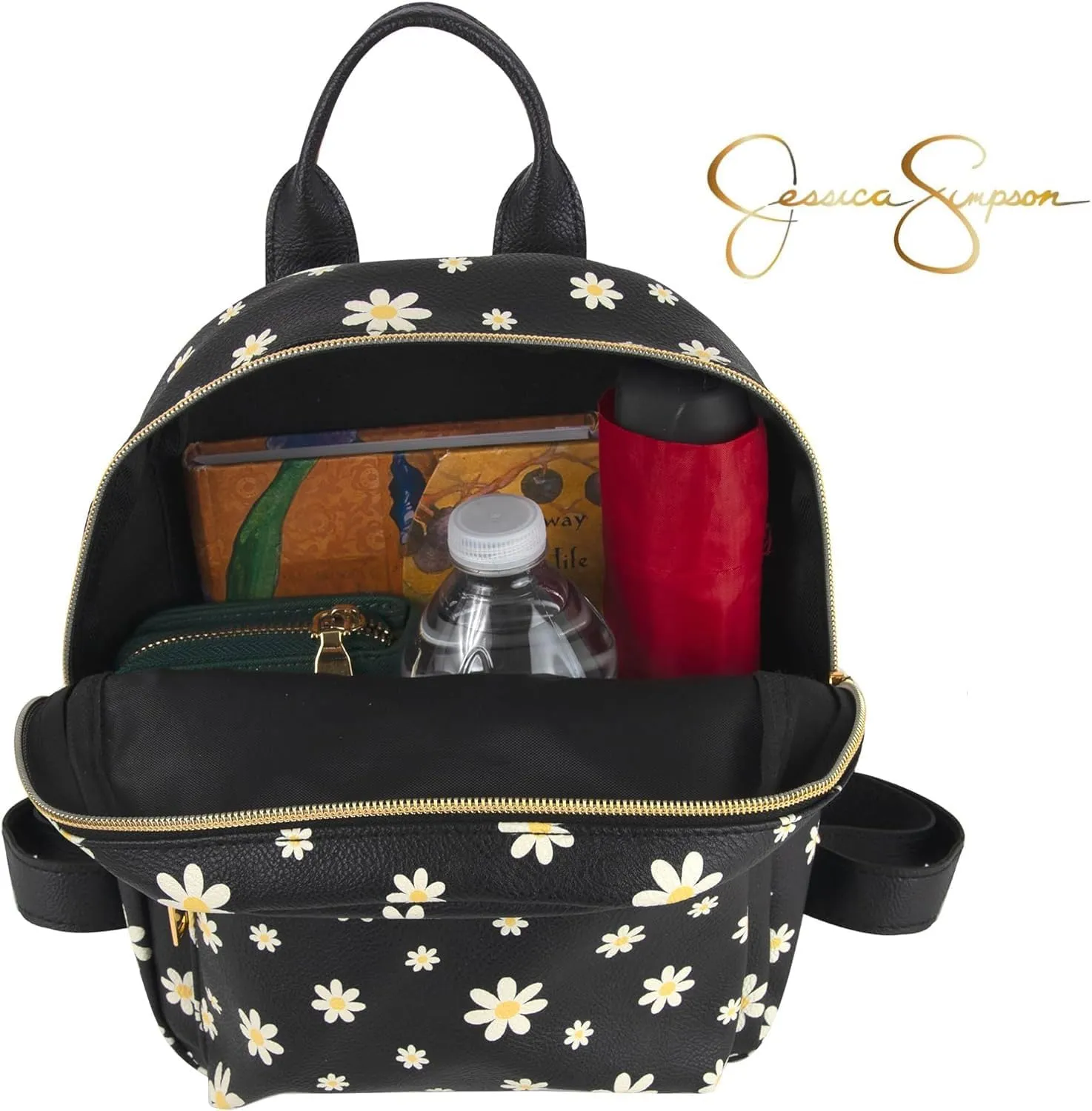 Jessica Simpson Mini Waterproof Vegan Leather Backpack for Women for Work, College, Recreation, Commuting & Traveling in Black Flowers