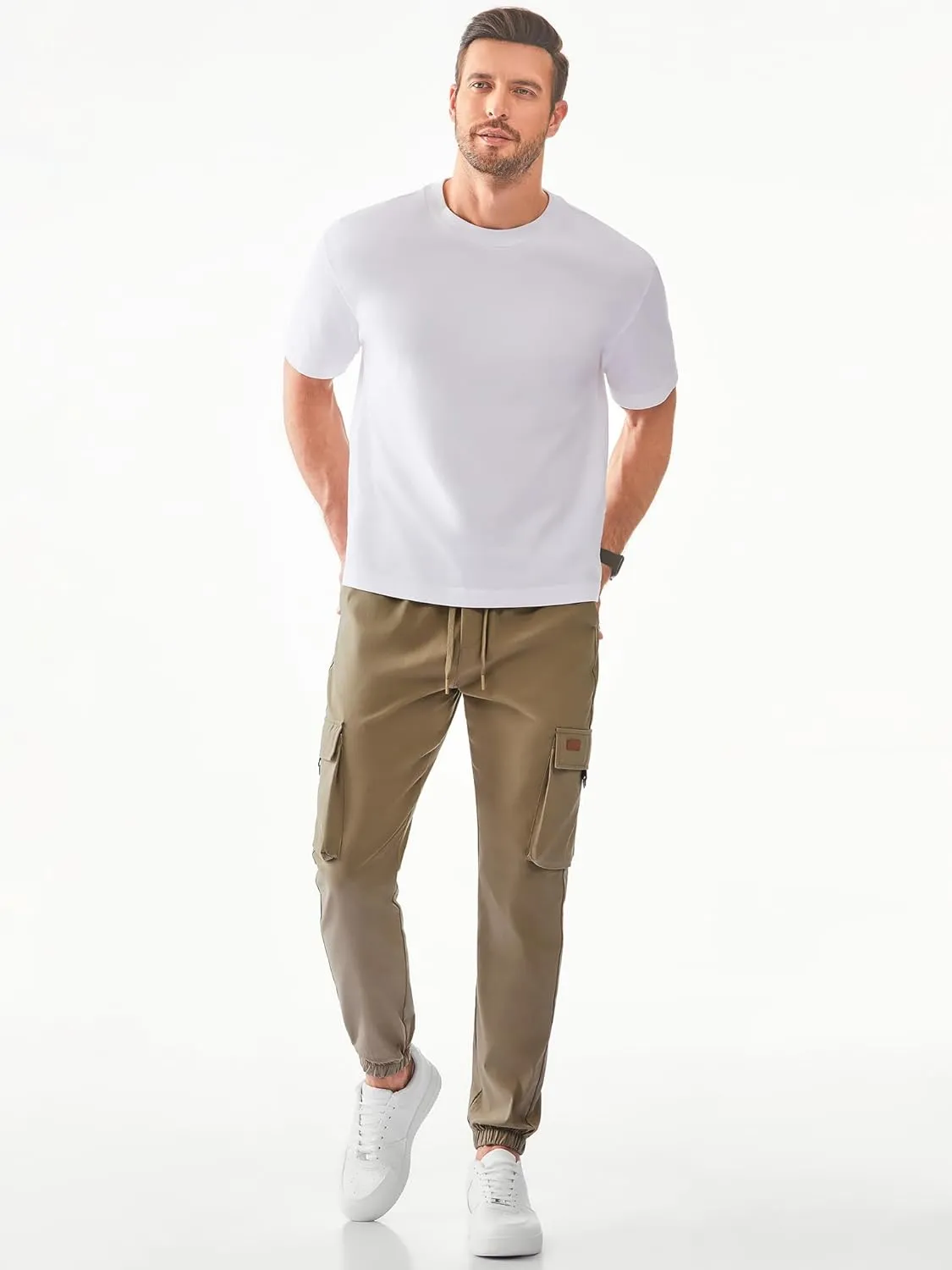 JMIERR Mens Cargo Pants Casual Lightweight Elastic Waist Drawstring Tapered Pant with Pockets