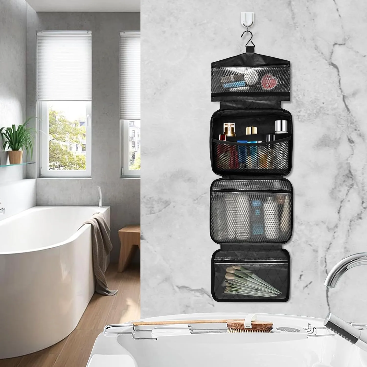 Joko Ivery Cool Blues Travel Toiletry Bag with Hanging Hook Large Makeup Cosmetic Case for Women Men Travel Organizer with 4 Compartments for Cosmetics Toiletries Travel Accessories