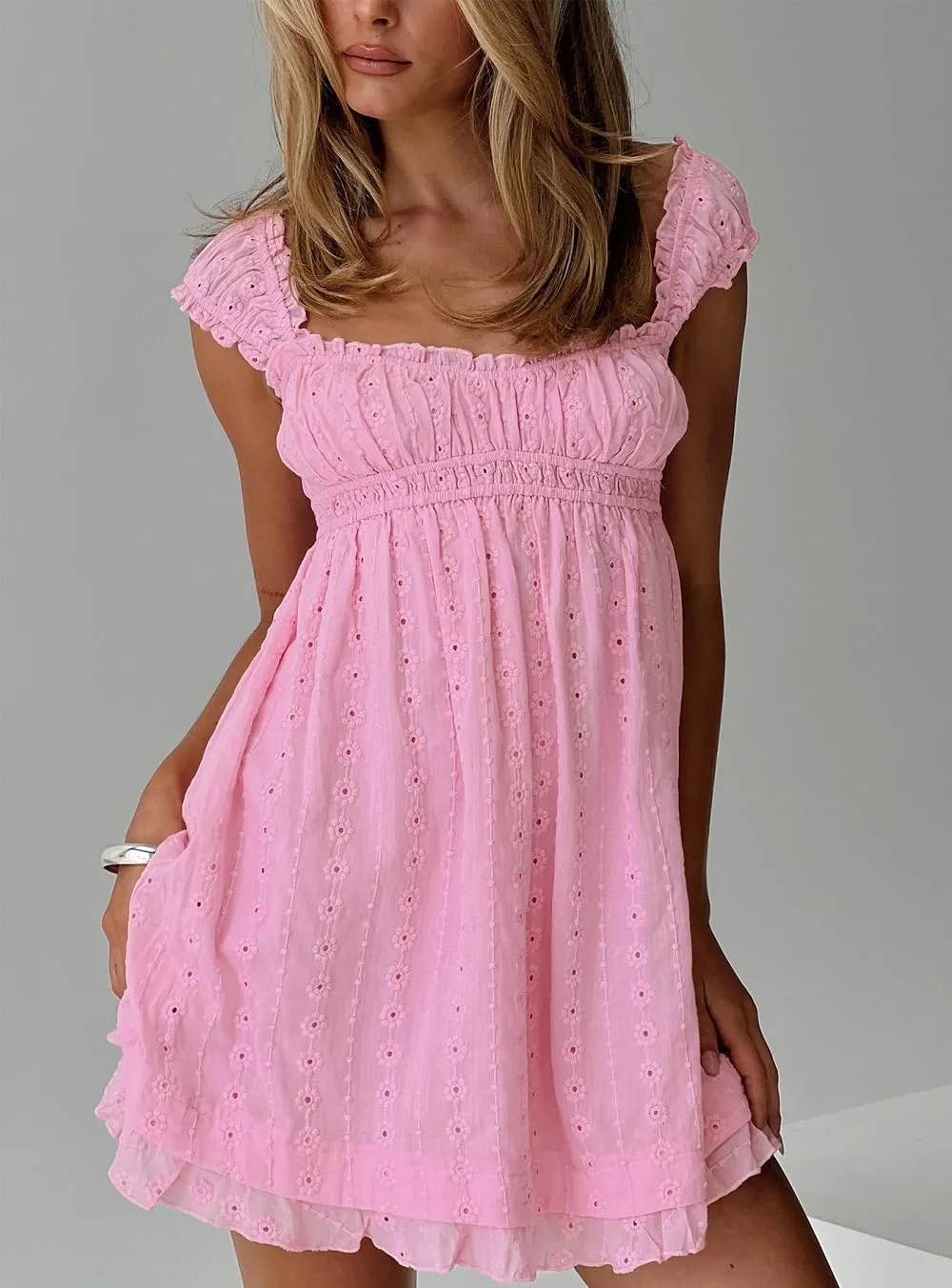 Juakoso Women Y2k Babydoll Mini Dress Spaghetti Strap Ruffle Short Dress Cute Flowy Going Out Sundress Streetwear